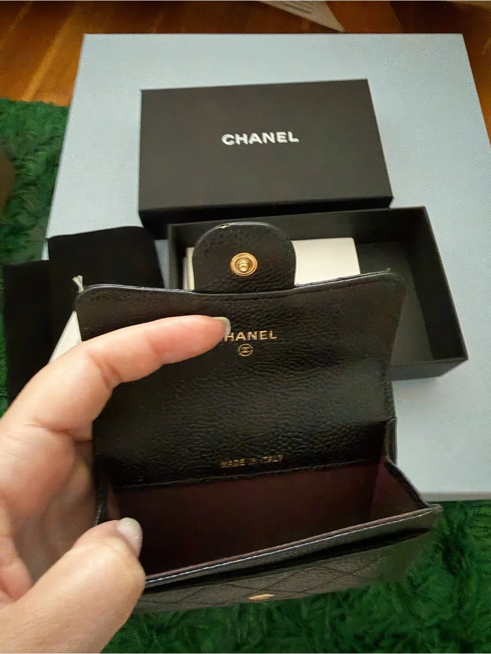 CHANEL Black Quilted Caviar Leather Card Case with Gold CC Hardware